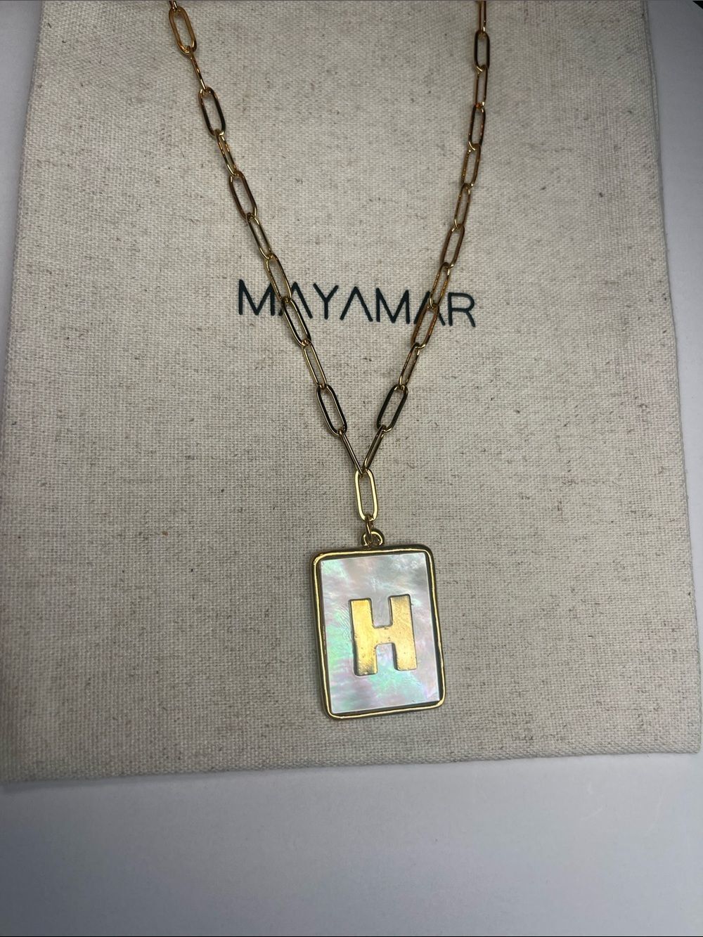 Gold H Rectangle Pendant Paperclip Necklace with Mother-of-Pearl by Mayamar